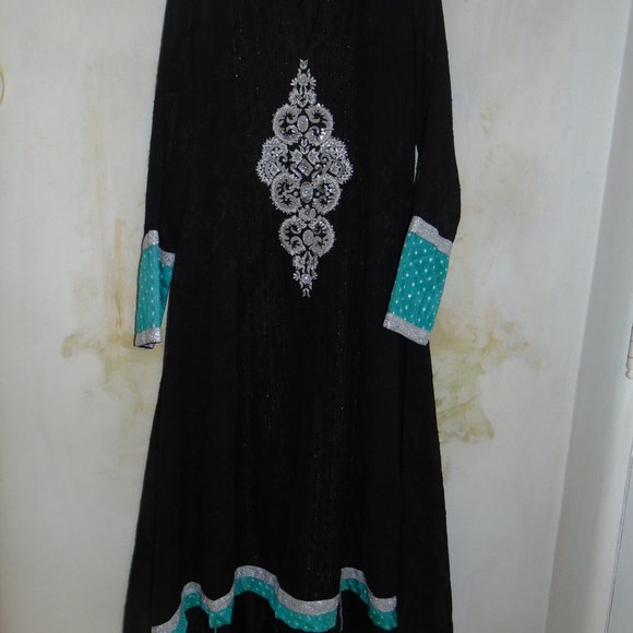 Ashraf Saleem Caftan Dress Long Black Kaftan Silver Embroidery Beads Sz S Hi Low - Picture 10 of 12